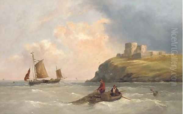 Fishermen pulling in their nets off a fortified headland - view 1