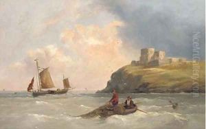 Fishermen pulling in their nets off a fortified headland