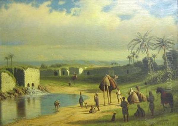 Camels And Figures At An Oasis - view 1