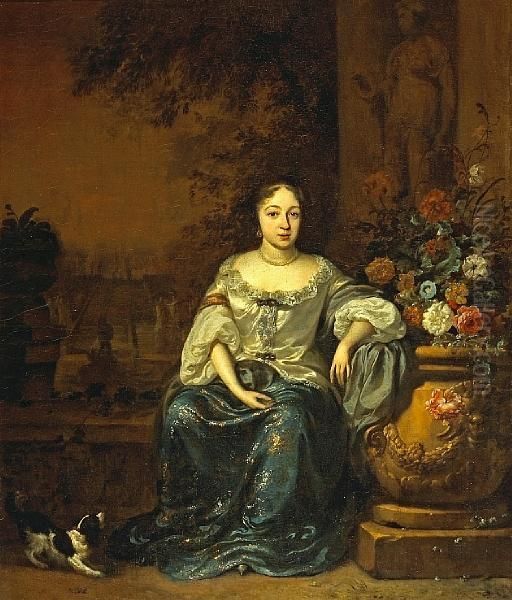 A Portrait Of A Lady, Seated Smallfull-length, In A Garden With Her Dog - view 1