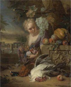 A Young Woman Kneeling And 
Holding Flowers In A Park Landscape, With Game And Fruit Resting On A 
Carved Stone Frieze