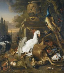 A Still Life With A Peacock, A 
Swan, A Deer, A Dog, A Monkey, Apheasant And Other Game Birds, Together 
With Grapes And Peaches Ina Basket, Before A Sculpted Urn On A Plinth, A
 Man Returning Fromthe Hunt Beyond by Jan Weenix