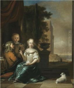 A Group Of Three Children On A
Terrace, With A Young Boyinterrupting A Girl Reading A Letter, A Coastal
View Beyond by Jan Weenix
