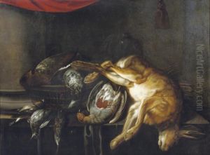 A Hare And Poultry On A Partially Draped Stone Ledge by Jan Weenix