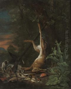 A Dead Hare And Other Game With A
 Pointer And A Rifle, In A Wooded Clearing, By A Thistle