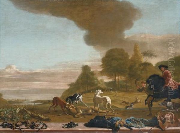 A Hunting Party In An Extensive
Wooded Landscape With Riding Equipment On A Marble Ledge In The
Foreground - view 1