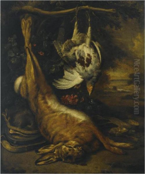 A Hunting Still Life With A
Hare, Two Partridges And A Huntingbelt, In A Landscape Setting - view 1