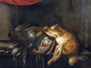 Game In Cluding Poultry And A Hare On A Partially Draped Stone Ledge by Jan Weenix