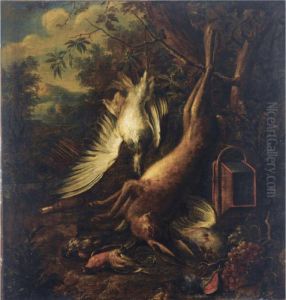 A Game Still Life With A Hare, Partridges And Songbirds, An Open Landscape Behind by Jan Weenix