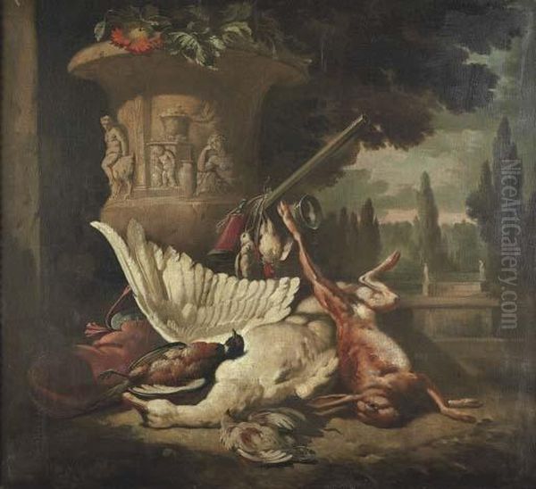 Dead Game With A Hare, A Swan, A
Pheasant And Implements Of The Chase By An Urn, An Extensive Ornamental
Garden Beyond - view 1