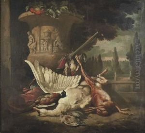 Dead Game With A Hare, A Swan, A
Pheasant And Implements Of The Chase By An Urn, An Extensive Ornamental
Garden Beyond by Jan Weenix