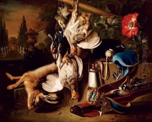 Game And A Hare With A Rifle And Other Hunting Objects On A Ledge In A Garden