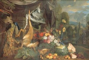 Naturaleza Muerta Con Flores Y Fondo De Paisaje by Jan Weenix