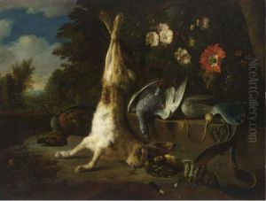 A Hunting Still Life With A Hare, Pigeons, A Duck, Finches And A Hunting Bag by Jan Weenix
