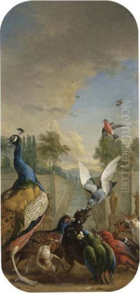 A Peacock, A Pheasant, A Parrot,
 A Cockatoo And Other Tropical Birds Assaulting A Crow In A Park 
Landscape; A Mallard And A Spaniel Besides A Lake In A Park Landscape - view 1