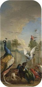 A Peacock, A Pheasant, A Parrot,
A Cockatoo And Other Tropical Birds Assaulting A Crow In A Park
Landscape; A Mallard And A Spaniel Besides A Lake In A Park Landscape by Jan Weenix