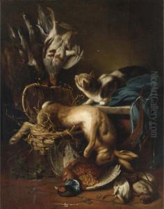 A Still Life With A Dead Hare, A
 Pheasant And Woodcocks, A Cat Watching Partridges Hanging From A Nail by Jan Weenix