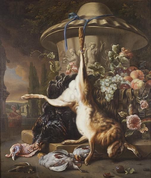 A Dead Hare With A Dead Turkey 
And Grouse Beside A Basket Of Grapes And Peaches Before A Stone Urn, A 
View To A Palace Garden Beyond - view 1