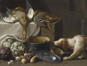 Kitchen Still Life With Ducks, Vegetables, Crockery And A Dog. by Jan Weenix
