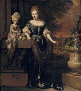 Portrait Of A Mother And Child On A Terrace, A Garden Beyond by Jan Weenix