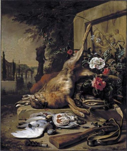Still Life Of Game, Including A
Hare, Grey Partridges, A Pigeon, A Musket, A Powder Bag, Trapping Nets
And Summer Flowers Before A Stone Frieze, The Water Gardens Of A Villa
Beyond - view 1