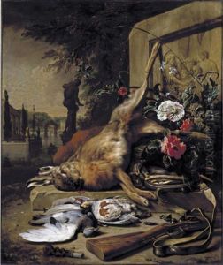 Still Life Of Game, Including A
Hare, Grey Partridges, A Pigeon, A Musket, A Powder Bag, Trapping Nets
And Summer Flowers Before A Stone Frieze, The Water Gardens Of A Villa
Beyond by Jan Weenix