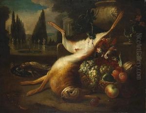A Still Life With A Dead Hare, Fruit And Other Game In An Elegant Garden by Jan Weenix
