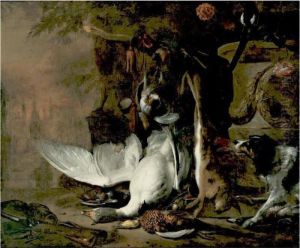 Still Life Of Game Birds And A Hare In A Landscape With A Dog And Hunting Accoutrements by Jan Weenix