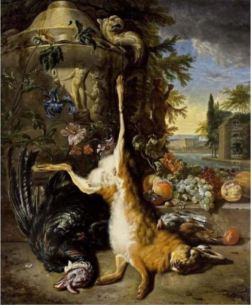 A Hunting Still Life With A 
Hare, A Turkey And Partridges Near A Sculpted Vase With An Iris And 
Other Flowers, Together With Grapes, Peaches And Prunes On A Stone 
Ledge, All In A Park Setting With A View Of A Palace Beyond - view 1