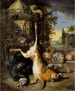 A Hunting Still Life With A
Hare, A Turkey And Partridges Near A Sculpted Vase With An Iris And
Other Flowers, Together With Grapes, Peaches And Prunes On A Stone
Ledge, All In A Park Setting With A View Of A Palace Beyond by Jan Weenix