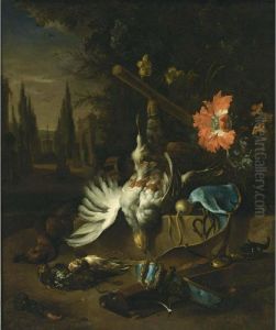 A Hunting Still Life With
Partridges, A Duck And Other Birds, Together With A Gun And A Opium
Poppy, All In A Park Setting by Jan Weenix