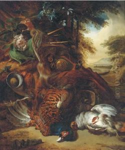 A Hunting Still Life With A
Partridge, A Pheasant, A Powder Hornand Flowers On A Forest Floor by Jan Weenix