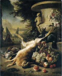 A Still Life Of Game Birds,
Grouse, A Hare And A Kingfisher, With A Basket Of Fruit At The Foot Of A
Stone Urn, An Ornamental Garden With A Fountain Beyond by Jan Weenix