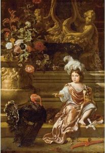 A Boy Seated On A Terrace With 
His Pet Monkey And A Turkey, A Still Life Of Flowers In A Sculpted Urn 
At Left
