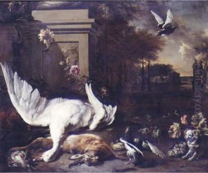 A Still Life Of Game By A Stone 
Monument, Including, A Swan, A Hare, Game Birds, A Spaniel, A Jay And A 
Pigeon In Flight, An Extensive Water Garden Beyond