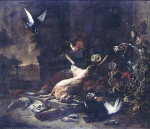 A Still Life Of Game, Including A
 Hare, A Setter, A Musket And Other Hunting Accoutrements, A Squirrel 
Chewing A Branch On A Stone Ledge, Game Birds And A Pigeon In Flight, An
 Extensive Landscape Beyond
