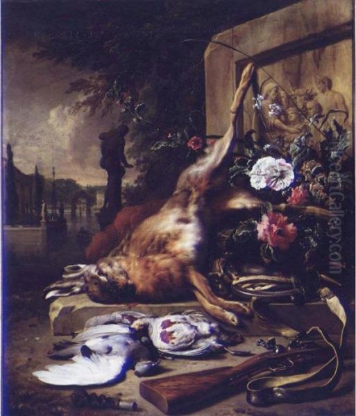 A Still Life Of Game, Including A
Hare, Grey Partridges, A Pidgeon, A Musket, A Powder Bag, Trapping Nets
And Summer Flowers Before A Stone Frieze, The Water Gardens Of A Villa
Beyond - view 1