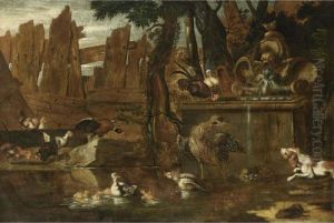 A Hunting Still Life With A Hare, A Cockerel, Partridges, Pigeons, In A Park Setting by Jan Weenix