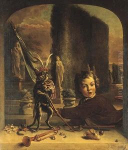 A Trompe L'oeil Casement With A Boy And A Monkey