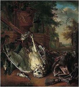 A Hunting Still Life Of An Owl, A
 Teal, A Robin And A Goldcrest, Together With A Rifle And A Silk Bag, 
Arranged In A Classical Setting