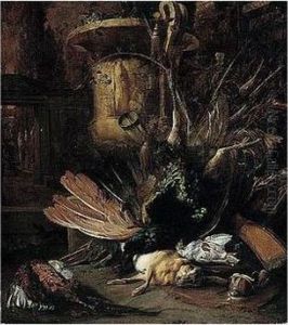 A Still Life Of A Peacock, A
Hare, Partridge, A Pheasant And Hunting Paraphernalia, In An Ornamental
Garden by Jan Weenix