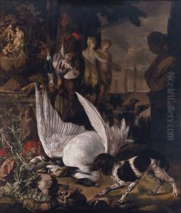 A Spaniel Guarding Dead Birds Amongst Garden Statuary In A Parklandscape A Spaniel Guarding Dead Birds Amongst Garden Statuary In A Parklandscape
