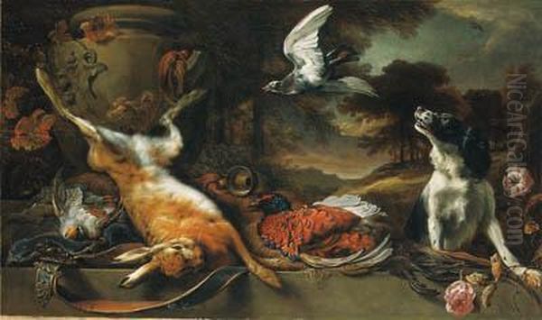A Spaniel And A Pigeon With A 
Brace Of Partridge, A Cock Pheasantand A Hare, A Horn, And A Satchel 
With A Stone Urn On A Ledge Withroses In A Wooded Landscape - view 1