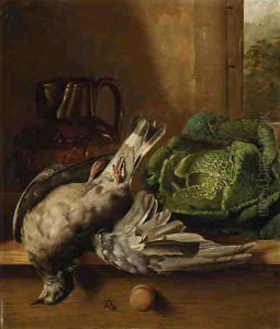 Still Life of Game, Copper Urn and Cabbage on a Wooden Ledge by Henry George Todd