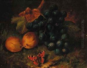 Grapes, plums and a butterfly on a mossy bank by Henry George Todd