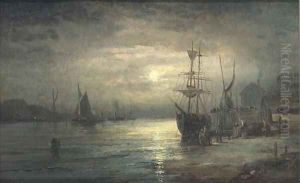Shipping on the Medway by moonlight by William A. Thornley or Thornbery