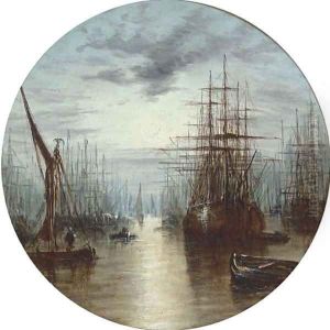 A moonlit harbour by William A. Thornley or Thornbery