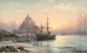 A trading brig at anchor before St. Michael's Mount by William A. Thornley or Thornbery