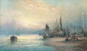 Fisherfolk on the foreshore at Whitby at dusk by William A. Thornley or Thornbery
