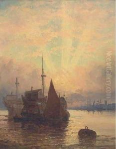 Old hulks on the Medway at dusk